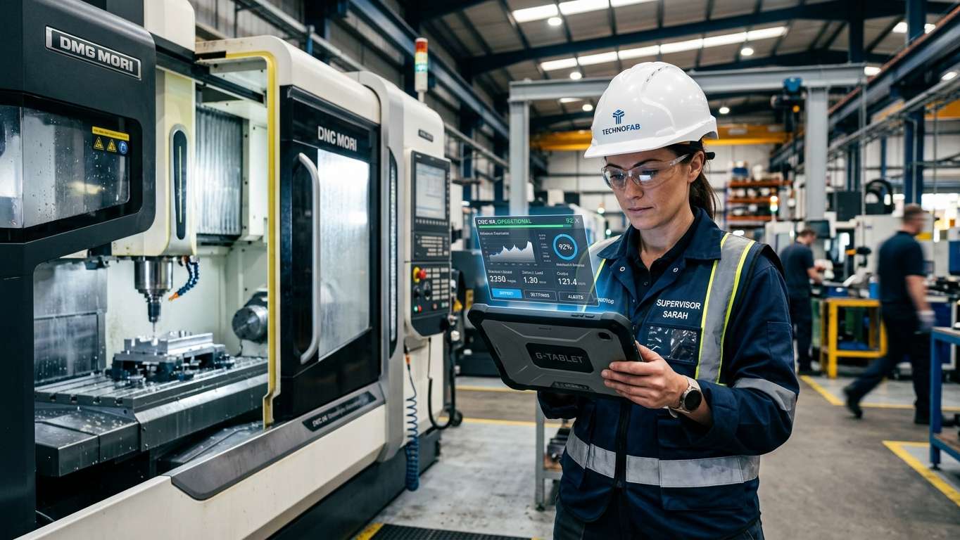 Quản đốc giám sát OEE và tuổi thọ dao cụ máy CNC trên máy tính bảng